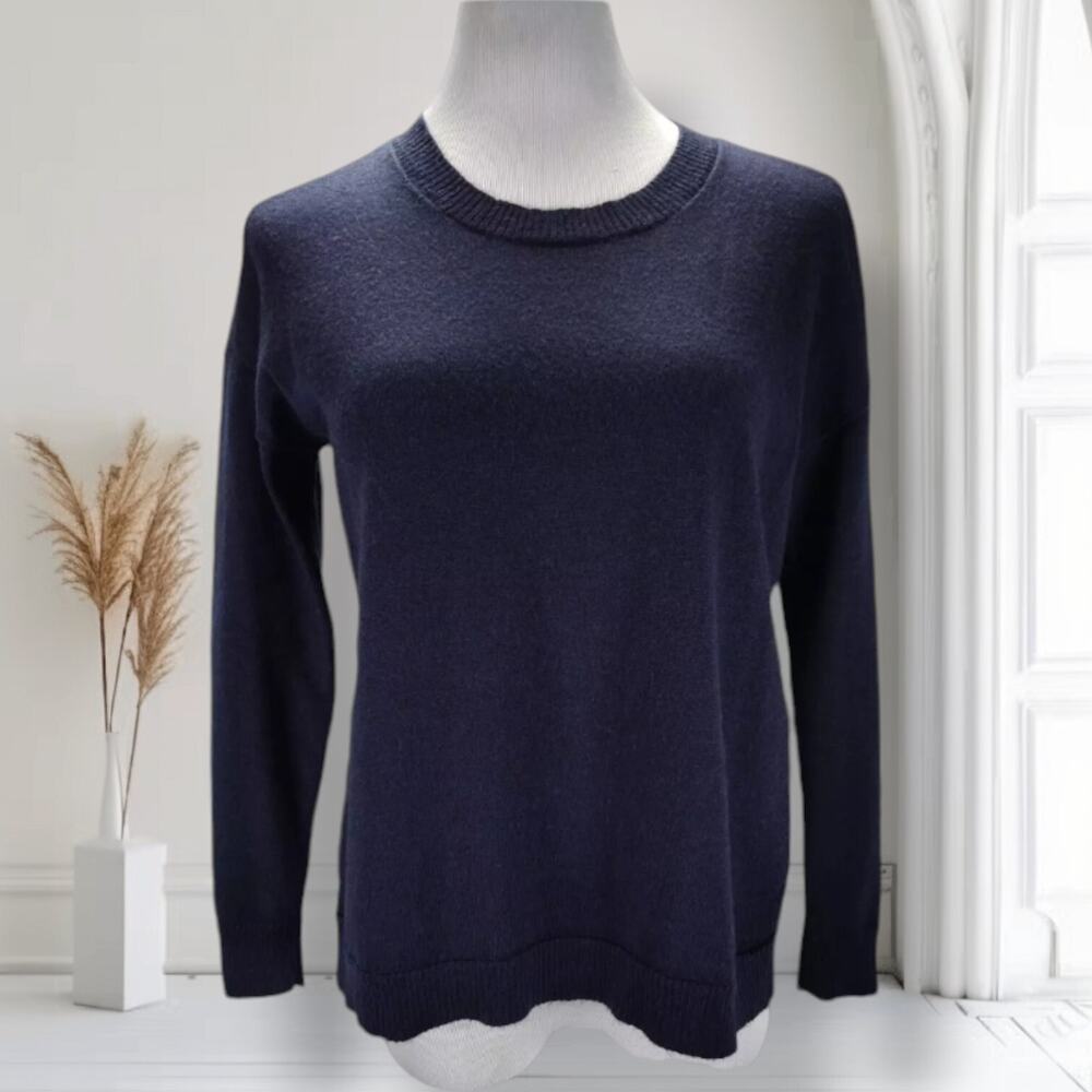 Eileen Fisher Merino Wool Sweater Blue Size S Boxy Fit Long Sleeve Slit Hem